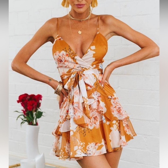 Saints + Secrets In the Details mustard floral tiered silky dress - Picture 1 of 9